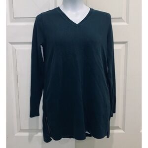 Duluth Trading Womens Woven Tunic Top Sz Large Dark Green V Neck Side Slits